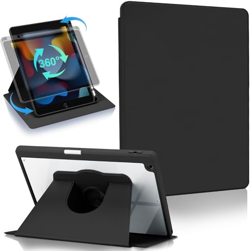 Koze Custodia Rotante per iPad 10,2 Pollici 9a / 8a / 7a Generazione 2021 2020 2019 con Portapenne, Protezione con 360 Gradi di Rotazione, Supporto Cover Retro Trasparente Antiurto Nero