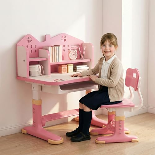 Kids Desk and Chair Set – Children Desk with Storage Drawer, Height Adjustable, Ergonomic, for Girls Ages 3-12 Years, for Studying, Reading, Drawing (Pink)