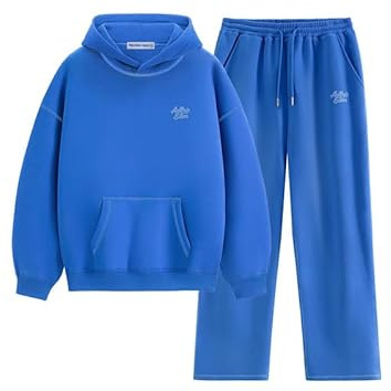 Aelfric Eden Joggingdräkt dam säckig träningsoverall herr basic fritidsoverall unisex hemmadräkt oversize tracksuit sportdräkt fleece huvtröja set med breda ben joggingbyxor sportoutfit, blå, XS