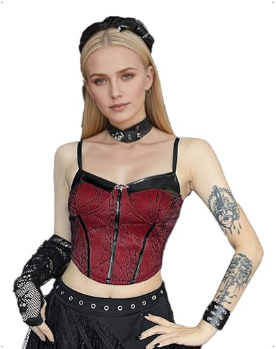 EMOTTOS Canotte da Donna con Scollo a V Gotico, Camicia Sexy in Pelle Patchwork Y2K, Canotta Senza Maniche in Pizzo per Halloween, Rosso, S-L