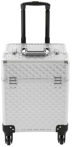 OUKANING Schminkkoffer Trolley 41L großes Fassungsvermögen, wasserdicht und feuerfest, mit Zahlenschloss und Teleskopgriff, für Schminkutensilien, Haartrockner, 34x24x41cm, Geschenk (Silber)