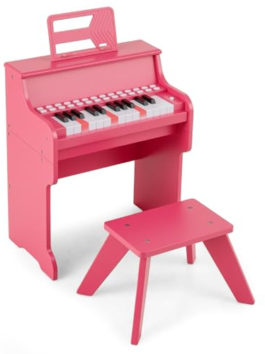 COSTWAY Wooden Kids Piano, 25 Key Toddler Digital Keyboard with Stool, Adjustable Speed & Volume, Removable Music Stand, Educational Music Instrument for Boys Girls (Pink)