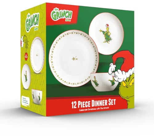 The Grinch™ 12-Piece Porcelain Dinner Set, 27cm Plates, Christmas Collection, Green Tree Design, Star Border, Microwave and Dishwasher Safe