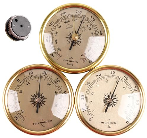 Temeemeg Barómetro 3 en 1 Barómetro Termómetro Higrómetro Set con Marco Dorado Retro para la Pared del hogar Manómetro barométrico preciso y Monitor de Clima Interior