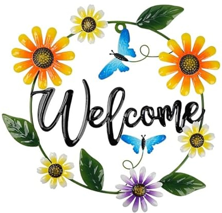 Metal Welcome Wall Art Sign for Garden Fence Patio Door, Sunflower Floral Wreath Hanging Decoration with Butterflies, Weather Resistant Outdoor Indoor Wall Plaque, Welcome Door Sign 33cm