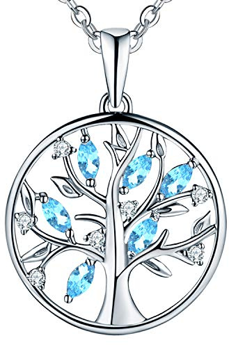 JO WISDOM Collier Pendentif Arbre de vie Yggdrasil Argent 925 Femme AAA Zirconium Pierre de naissance de Mars Couleur Aigue-marine
