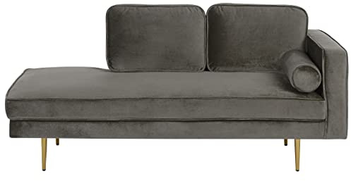Chaiselongue Samt grau taupe rechts goldenes Gestell mit Nackenrolle Miramas
