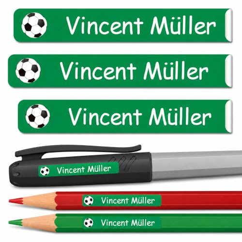 INDIGOS UG - Namensaufkleber Kinder Schule - 49x7 mm - personalisierbar - 012 - Fußball - 88 Sticker - Namensschilder personalisiert - Aufkleber selbst gestalten - Stifte, KITA, Federmappe