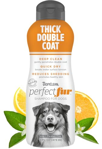 Tropiclean PerfectFur Thick Double Coat schampo för hundar, 16 oz - tillverkad i USA - unik ras specific shed control formula for raser like australian sheperds - naturligt utvunnen