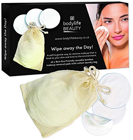 Bodylife Beauty Reusable Bamboo Makeup Removal Pads Washable 16 Piece Eco Friendly with Cotton Wash Bag