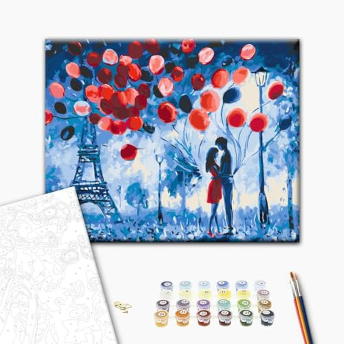 murando - Malen nach Zahlen romantisches Paar in Paris Eiffelturm Balloons 50x40 cm Malset mit Holzrahmen auf Leinwand für Erwachsene Kinder Gemälde Handgemalt Kit DIY Geschenk Dekoration