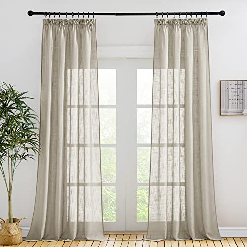 PONY DANCE Voile Gardinen Leinenoptik mit Kräuselband Wohnzimmer 2 Stücke H 245 x B 140 cm Halbtransparent Vorhänge Leinen im Landhausstil Dicker Stoff Vorhang, Taupe