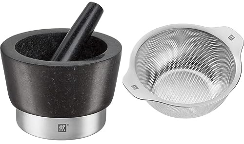 ZWILLING Mortero de especias con mazo, Altura: 10 cm, Ø 11 cm, Granito, Negro & Table Colador de 24 cm, Metal, Color Acero Y Blanco