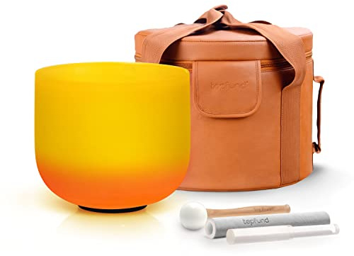 TOPFUND E-Note Singing Bowl, Orange-Yellow Rainbow Crystal, Solar Plexus Chakra, 10 Inch, Heavy Duty Carry Bag and Singing Bowl Mallet, Suede Beater Included