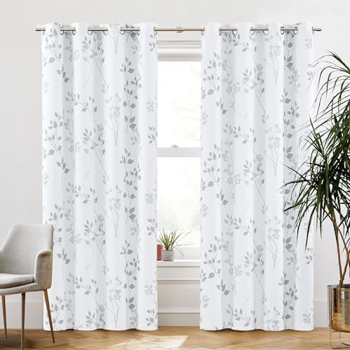 Beauoop Grey Floral Blackout Curtains for Living Room Bedroom 90 Inch Drop Leaf Print White Eyelet Curtain Botanical Thermal Insulated Noise Reducing Window Curtain Drapes 2 Panels