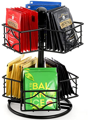 Frcctre Tea Bag Organizer, 360 Degree Tea Bag Spining Carousel Organizer with 6 Compartments, Lazy Susan Sugar Coffee Creamer Caddy for Kitchen Counter Cabinet Organizer, Up to 60 Tea Bags Storage