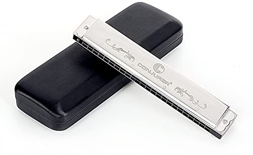 Conjurer Tremolo Mundharmonika C-Dur 24-Loch Harp Profiinstrument Harmonika Anfänger& Fortgeschrittene, Hervorragender Klang mit hochwertigen Messing Stimmzungen, C Dur, Silber