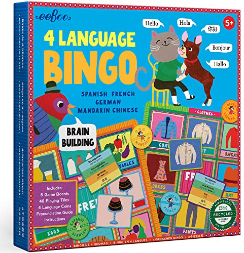 eeBoo: 4 Language Bingo Game for Kids Ages 5+, Spanish French German Mandarin Chinese Learning Game That Builds Vocabulary & Communication