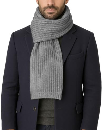 CLASSE77 - Sciarpa lavorata a maglia in lana - Stile maglia inglese a coste - Unisex - Artigianale, Made in Italy (Grigio)
