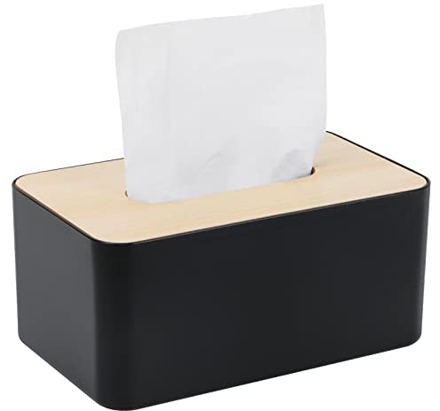 Tücherbox mit Deckelaus aus Holz, Rechteckige, Kunststoff, 21x13x9cm, Kosmetiktücherbox für Wohnzimmer, Büro, Auto,Badezimmer (Schwarz)