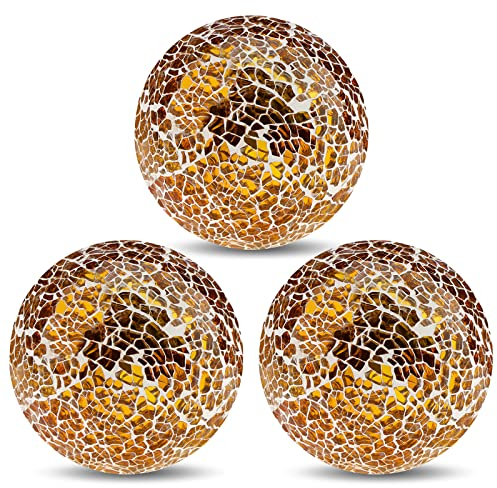 Yatinkim Mosaic Glass Ball 3pcs Decorative Balls for Bowls 3.35inch Gold Orbs Mirror Glass Orb Sphere for Dining Table Centerpiece Vases Living Room Wedding Party Decor