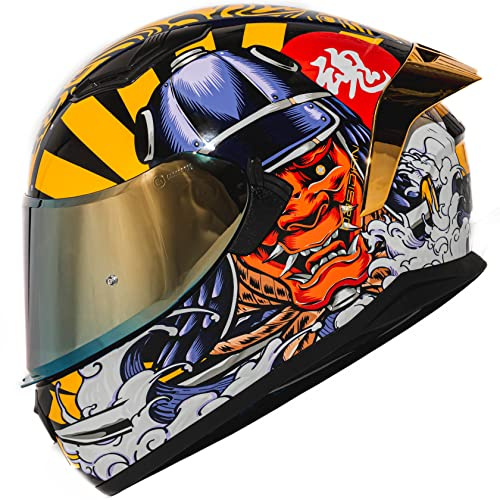 HAX Obsidian Full Face Dual Visor Adult Motorcycle Helmet for Motorbike Street Bike with Pinlock Ready DOT Approved Samurai Gold S
