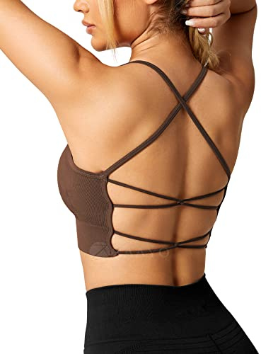 ZAAYO Damen Gym BH Gepolstert Crossback Fitness Sport Bra Abnehmbarer Brustpolster Yoga Tops Gestrickte Nahtlose Sportbekleidung Braun Medium