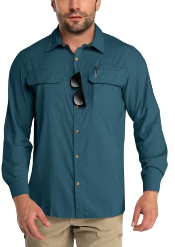 Outdoor Ventures Camisas de manga larga para hombre, con protección UV, para exteriores, transpirables, con botones, de secado rápido, con bolsillos, para senderismo, pesca, golf, verde oscuro, 3XL