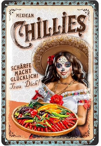 LANOLU Retro Blechschild CHILLIES - Retro Deko Küche - Vintage Küchen Schild, Metallschild mit Spruch, 20x30cm