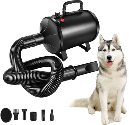 Soffiatore per cani 2800W per Toelettatura Animali, Velocità Regolabile, Asciugacapelli con 4 Ugelli Diversi (nero)