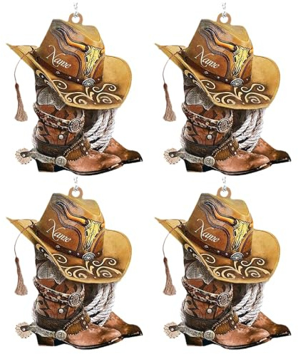 Jinshining 4 Stück Cowboystiefel hängende Ornamente für Weihnachtsbaum, Auto-Rückspiegel-Zubehör, personalisierte Cowboystiefel und Hüte, flaches Acryl, zum Aufhängen