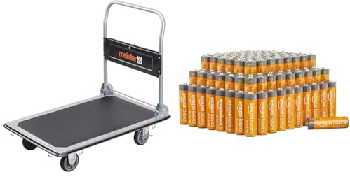 Meister Plattformwagen Klappbar Bis 300 kg Tragkraft Feststellbremse/Transporthilfe mit Lenkrollen/Klappwagen aus Stahl / 8985540 & Amazon Basics AA-Alkalibatterien
