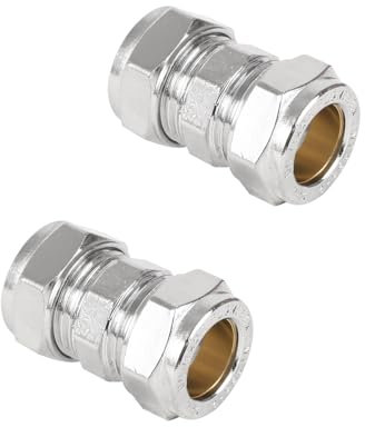 NPH 15mm Chrome Plated Compression Straight Pipe Connectors for Copper Pipe - Pack of 2