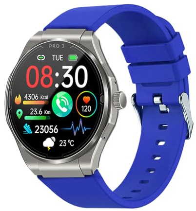 Knauermann PRO 3 (2024) Silber - Gesundheitsuhr Smartwatch mit Telefoniefunktion - EKG + HRV und SOS Funktion - AMOLED Display- BT Bluetooth - Schlafapnoe - Silikonband Blau, 14-24, rund