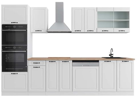 Vicco Küchenzeile R-Line, Weiß Landhaus, 300 cm | 8 Module · Höhenverstellbare Füße · AP Eiche inkl. · MDF-Fronten · Mit Backofen-/Mikrowellenschrank · Frei kombinierbar