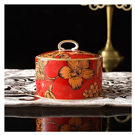FQCXCKJ Azucarero de estilo europeo, tarro de azúcar de cerámica con tapa, diseño de patrón de flores de línea dorada, azucarero de porcelana de hueso