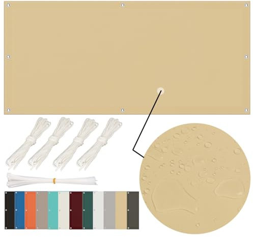 Balkon Sichtschutz Wetterfest 80x450cm, Sonnensegel Wasserdicht Sonnensegel Rechteckig mit Ösen Sonnensegel Balkon Sichtschutz Ohne Bohren Terrasse Sonnenschutz Segeltuch für Garten, Sand Beige