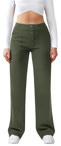 JEKAOYI Womens Casual High Waist Straight Leg Pants Stretchy Button Business Dress Work Pocket Trousers Olive-Green