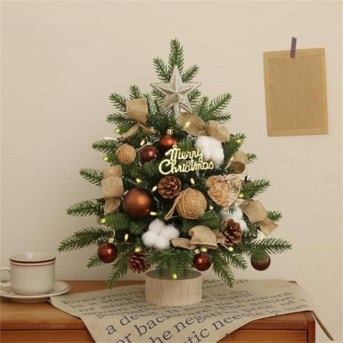 Mini Weihnachtsbaum, Kleiner Weihnachtsbaum, Weihnachtsbaum Klein Beleuchtet, Weihnachtsbaumschmuck Holz Klein KüNstlich GeschmüCkt FüR Weihnachten Deko Mit Sackleinen-Gewichtetem Sockel (#A,60 cm)