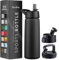 750ml Triple Walled, Insulated Water Bottles with Straw - Stainless Steel Metal Bottle W/ 3 Leak Proof Lids - for Travel, School, Sports, Gym/Men, Women (Inky Raven Black)