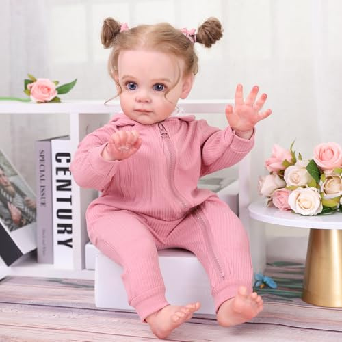 truly soft Realistische Baby-Puppe 20 Zoll in Rosa Strickoverall mit Zöpfchen 55 cm Reborn Baby Mädchen Neugeborene Jungen & Mädchen Spielzeug Geschenk Reborn Puppen Lebensecht