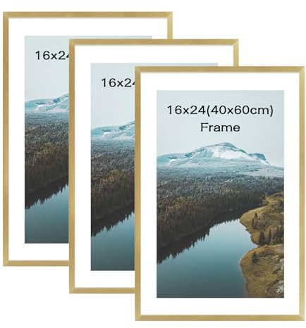 kollyseek Set of 3 40x60cm Picture Frame with Acrylic Glass 16x24in Photo Frame for Hanging and Display Modern Decorative Poster Frame for Desktop/Wall Mounting（Gold）
