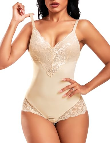Niwicee Body Gainant Femme Gaine Amincissant Ventre Plat, Bodysuit Shapewear Invisible Minceur, Body Sculptant Shaper Thong-Beige-S