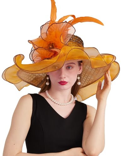 ORIDOOR Organza-Fascinator für Damen, Kirche, Derby, Blumenmuster, für Teeparty, Hochzeit, B2 Orange, Einheitsgröße