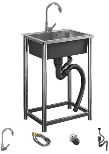 Edelstahl Handwaschbecken, 50x40x75 cm Garten Waschtisch mit Heiß-Kalt-Wasserhahn, Outdoor Campimgspüle Waschbecken für Garten Camping Badezimmer Gäste-WC Waschküche Keller Hinterhof Garage