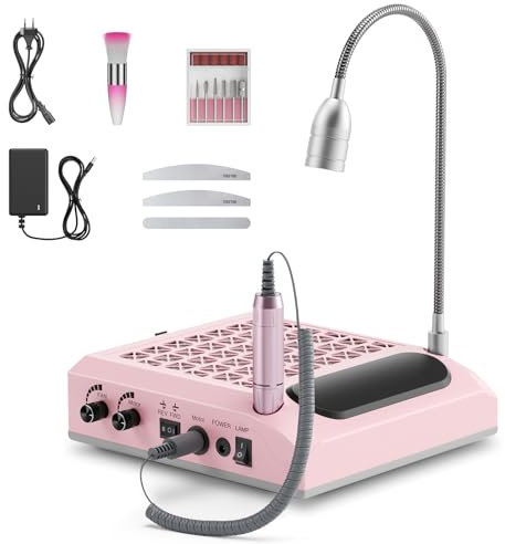 Fresa per unghie 4 in 1 con aspirapolvere da 80 W e filtro lavabile - Fresa per unghie elettrica professionale da 30.000 giri/min e lampada LED bianca fredda da 5 W (Rosa)