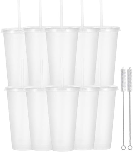 Yisituo Vasos de plástico de 710 ml con tapa y pajita, 10 unidades para adultos y niños, reutilizables, perfectos para fiestas, playa y fiestas en la piscina (10, transparencia)