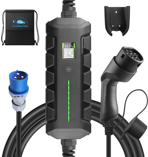 EVSEdesigner Caricabatterie EV 7,4 kW Stazione di Ricarica Mobile Wallbox con Display Digitale per Duto Elettriche Uso Domestico all'aperto, tipo 2, CEE Monofase, cavo da 6 m, 16 A/24 A/32 A