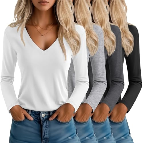 Neer 4 Pcs Women's V Neck T-Shirts Long Sleeve Relaxed Fit Tops | Casual Going Out Shirts, Straight Hem Plain Base Soft Layer, Women Fall Winter Fashion Clothes, Daily Wear Versatile