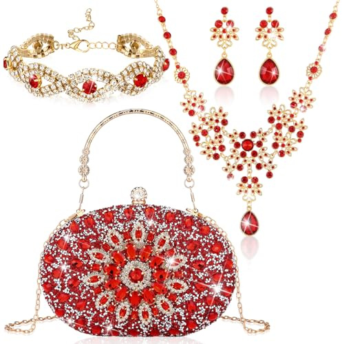Quelay ​​​​4 Pcs Purse Rhinestone Jewelry Set Women,Elegant,Red
